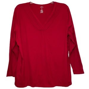 ST. JOHN'S BAY Red Pleated V-Neck Long Sleeve T-Shirt Tee Top Plus Size 2X 18/20